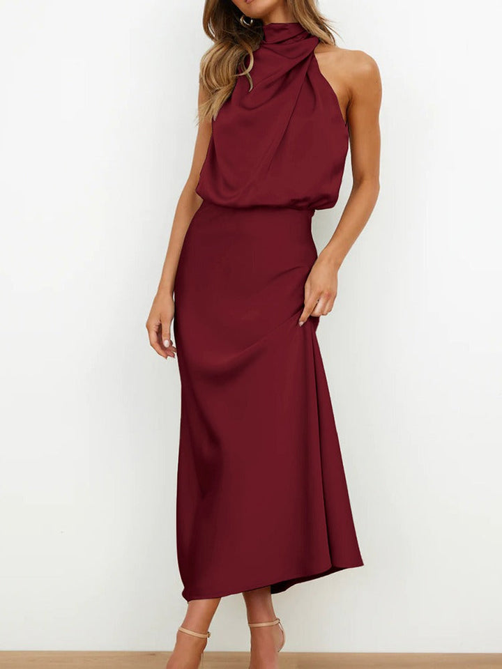 Robe maxi femme en satin élégante sans manches pour l’été et les soirées chic