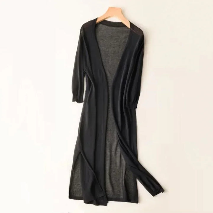 Gilet long pour femme en maille à manches trois-quarts et coupe ouverte pour l’automne