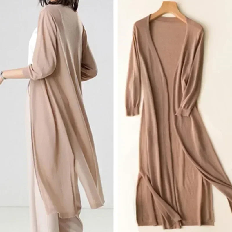 Gilet long pour femme en maille à manches trois-quarts et coupe ouverte pour l’automne