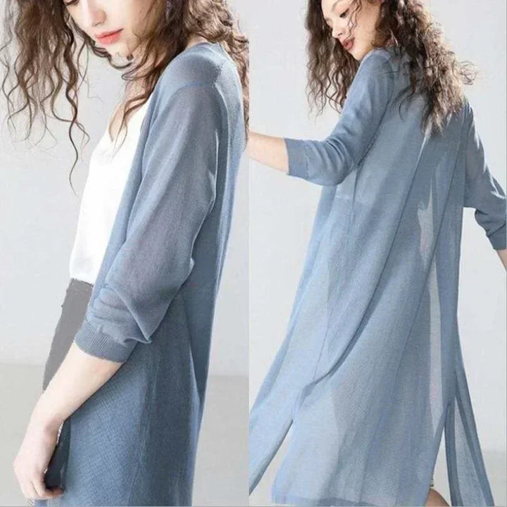 Gilet long pour femme en maille à manches trois-quarts et coupe ouverte pour l’automne
