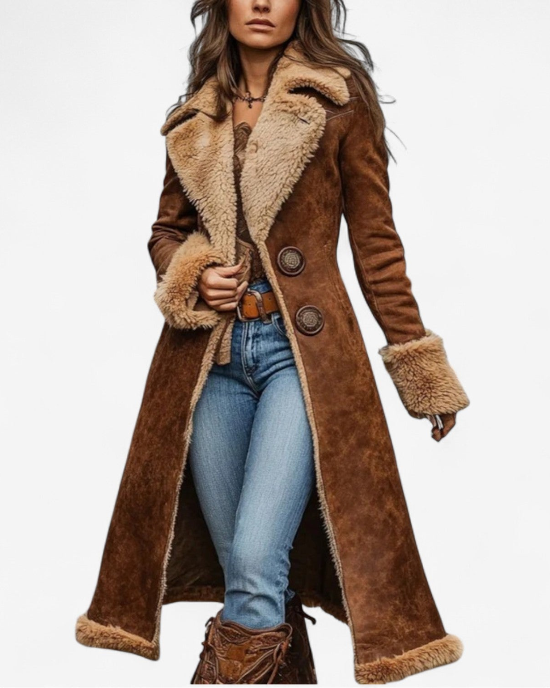 Manteau long femme effet daim doublé fausse fourrure, manteau d'hiver vintage chaud et élégant