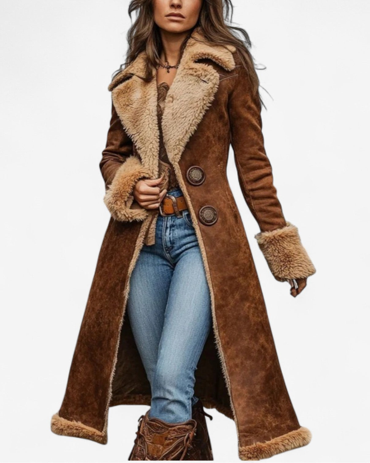 Manteau long femme effet daim doublé fausse fourrure, manteau d'hiver vintage chaud et élégant