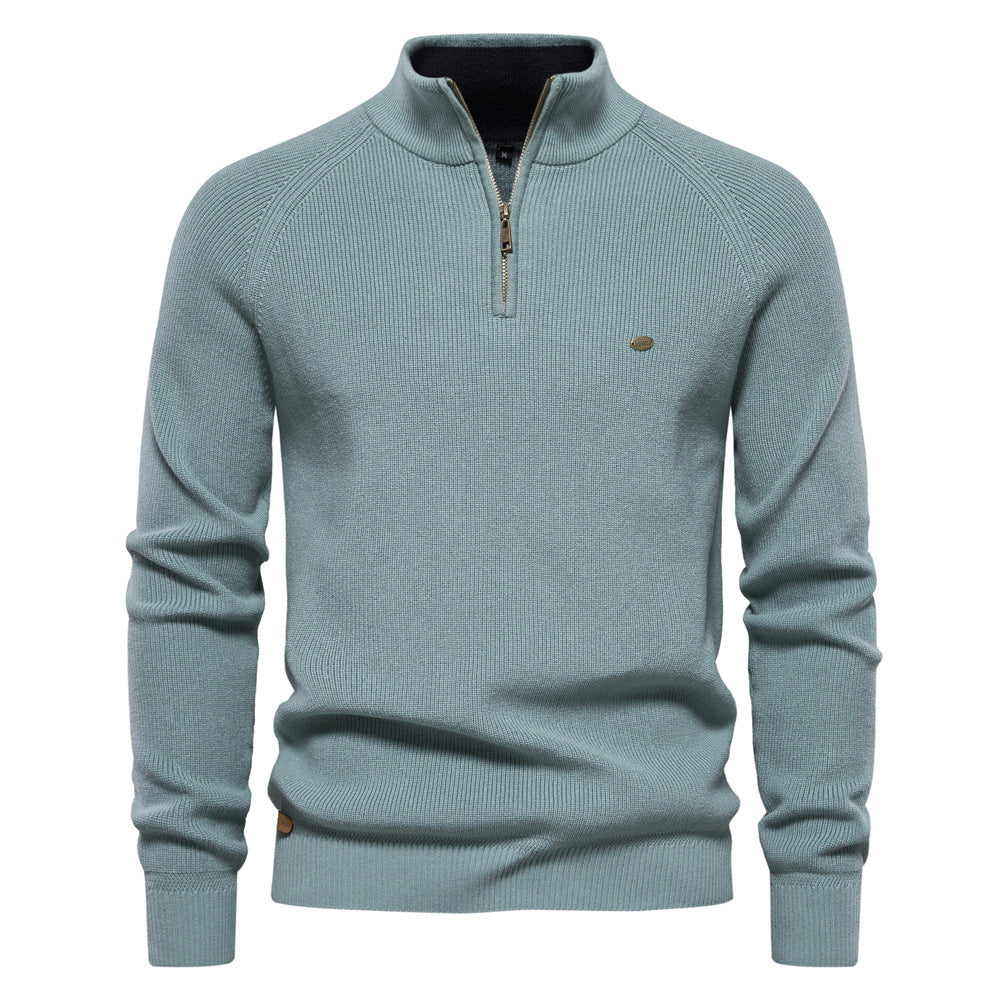 Men’s ribbed cotton sweater with a stand-up collar and zipper, for autumn