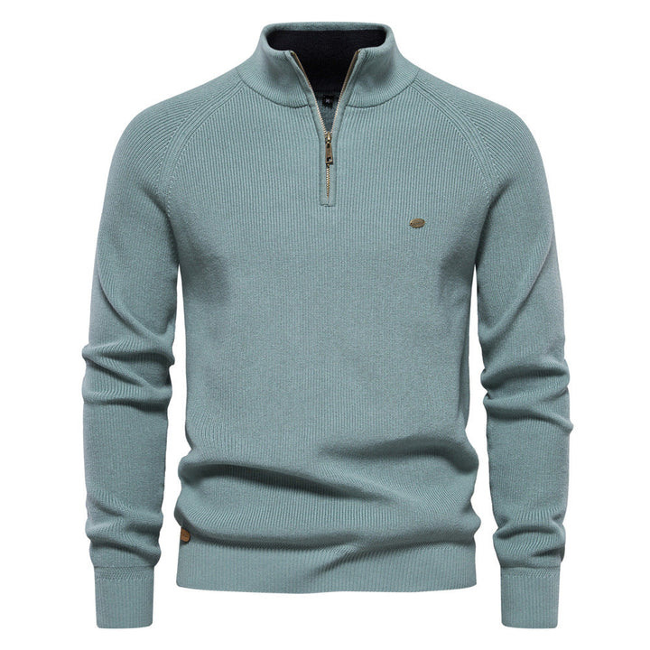Men’s ribbed cotton sweater with a stand-up collar and zipper, for autumn