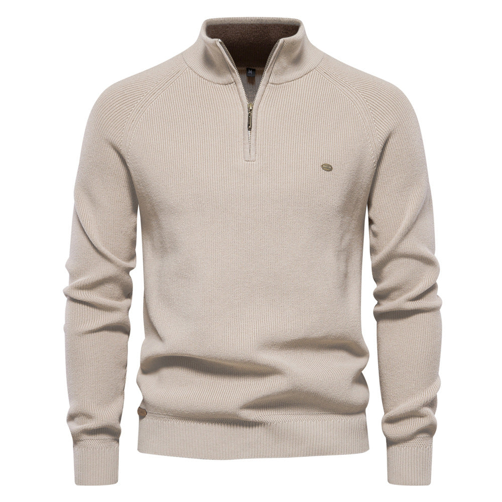 Men’s ribbed cotton sweater with a stand-up collar and zipper, for autumn