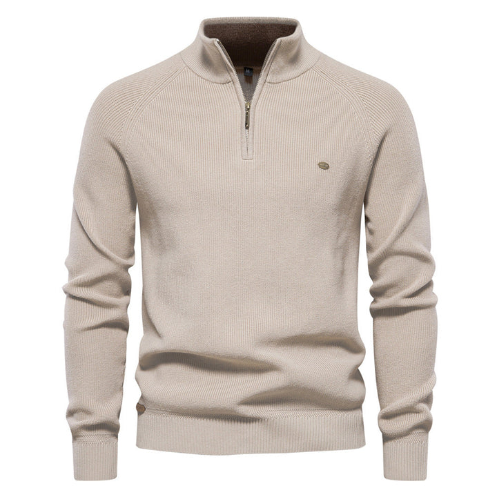 Men’s ribbed cotton sweater with a stand-up collar and zipper, for autumn