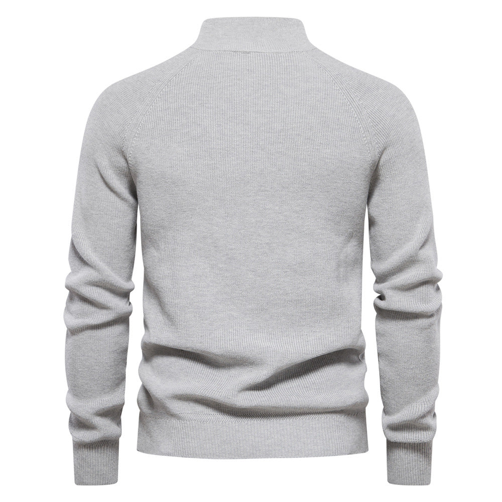 Men’s ribbed cotton sweater with a stand-up collar and zipper, for autumn