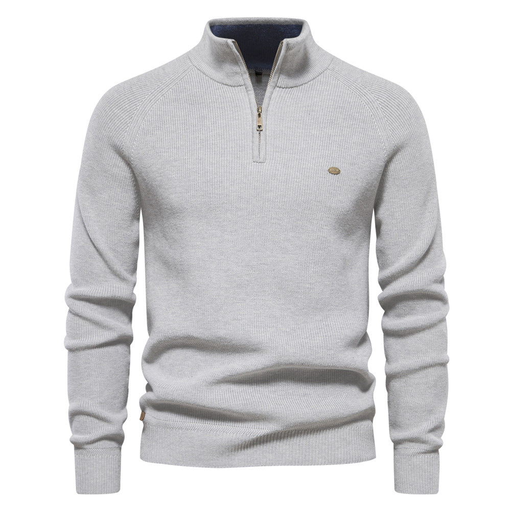 Men’s ribbed cotton sweater with a stand-up collar and zipper, for autumn