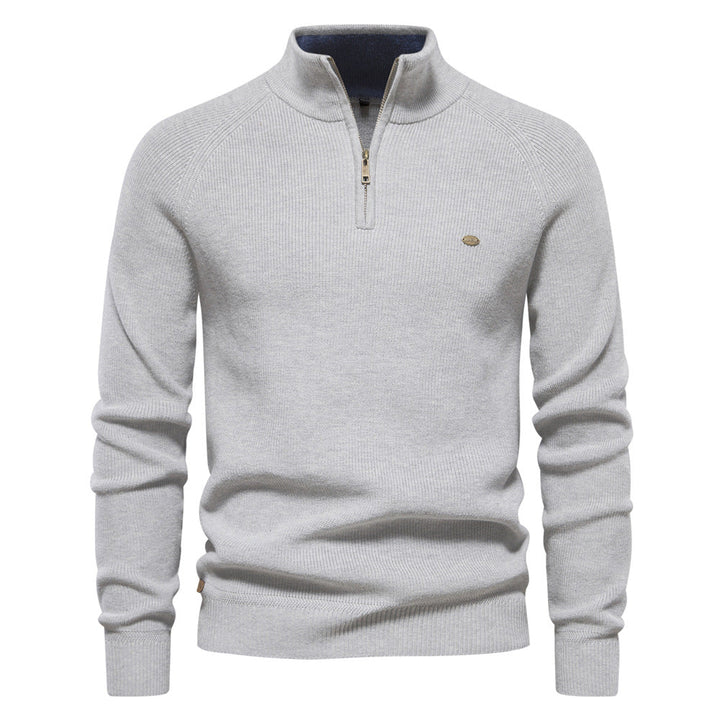 Men’s ribbed cotton sweater with a stand-up collar and zipper, for autumn