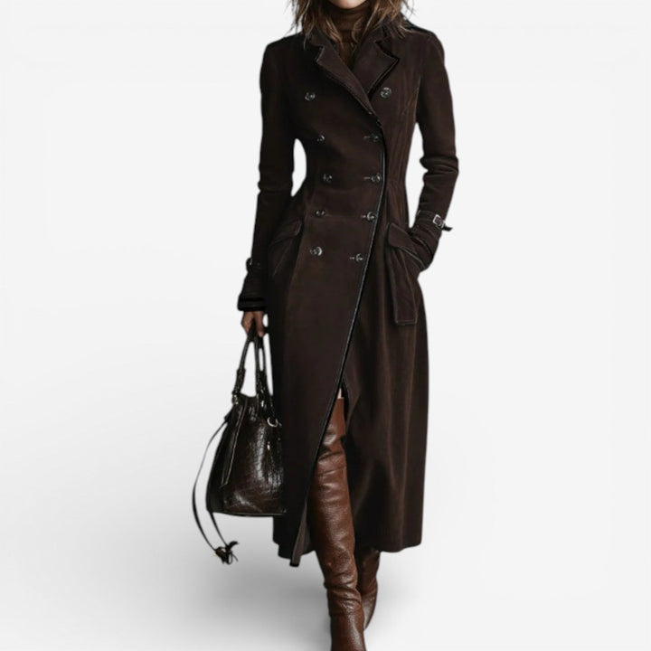 Manteau long femme effet daim style trench, manteau croisé élégant pour l'automne-hiver