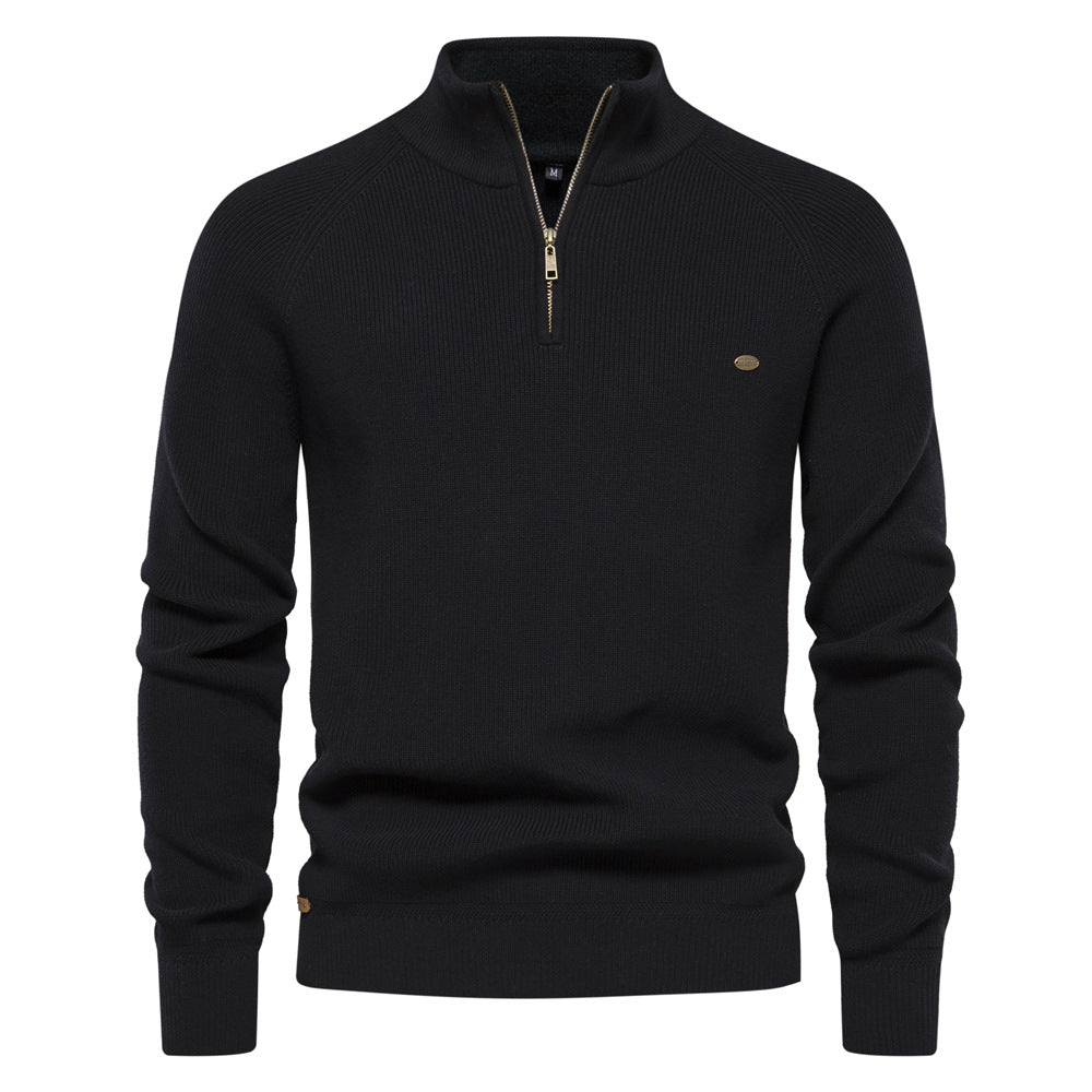 Men’s ribbed cotton sweater with a stand-up collar and zipper, for autumn