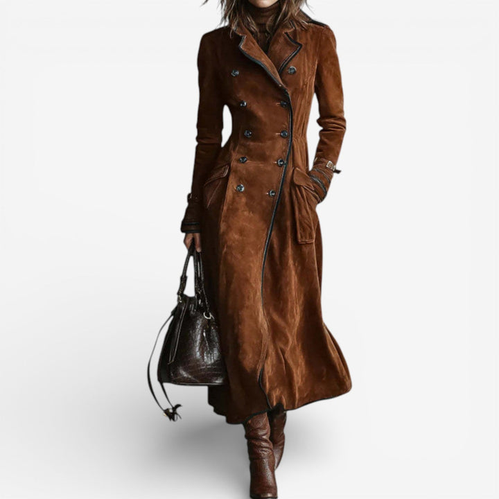 Manteau long femme effet daim style trench, manteau croisé élégant pour l'automne-hiver