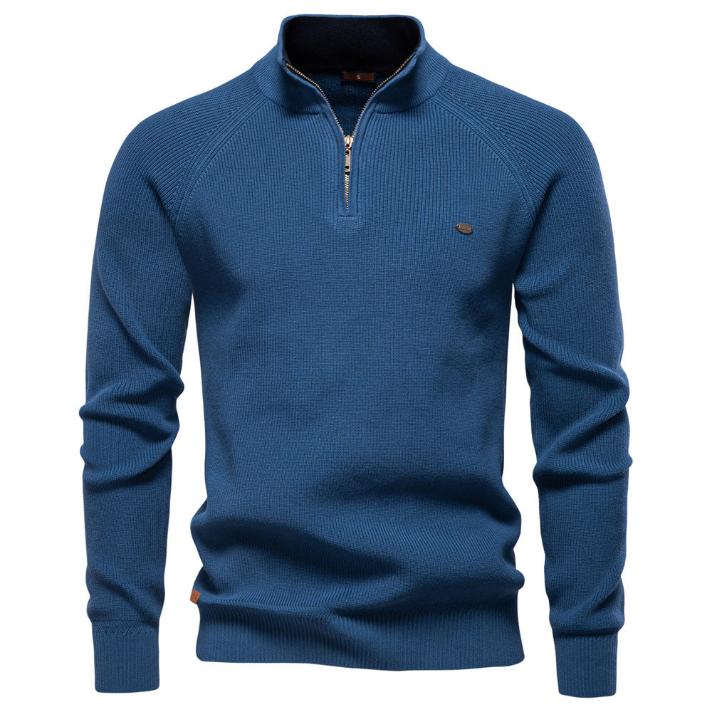 Men’s ribbed cotton sweater with a stand-up collar and zipper, for autumn