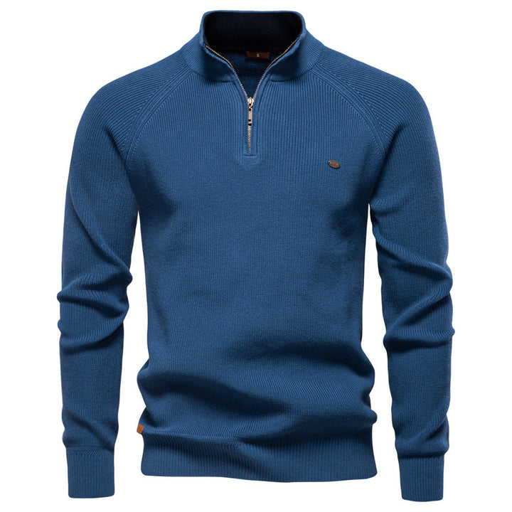 Men’s ribbed cotton sweater with a stand-up collar and zipper, for autumn