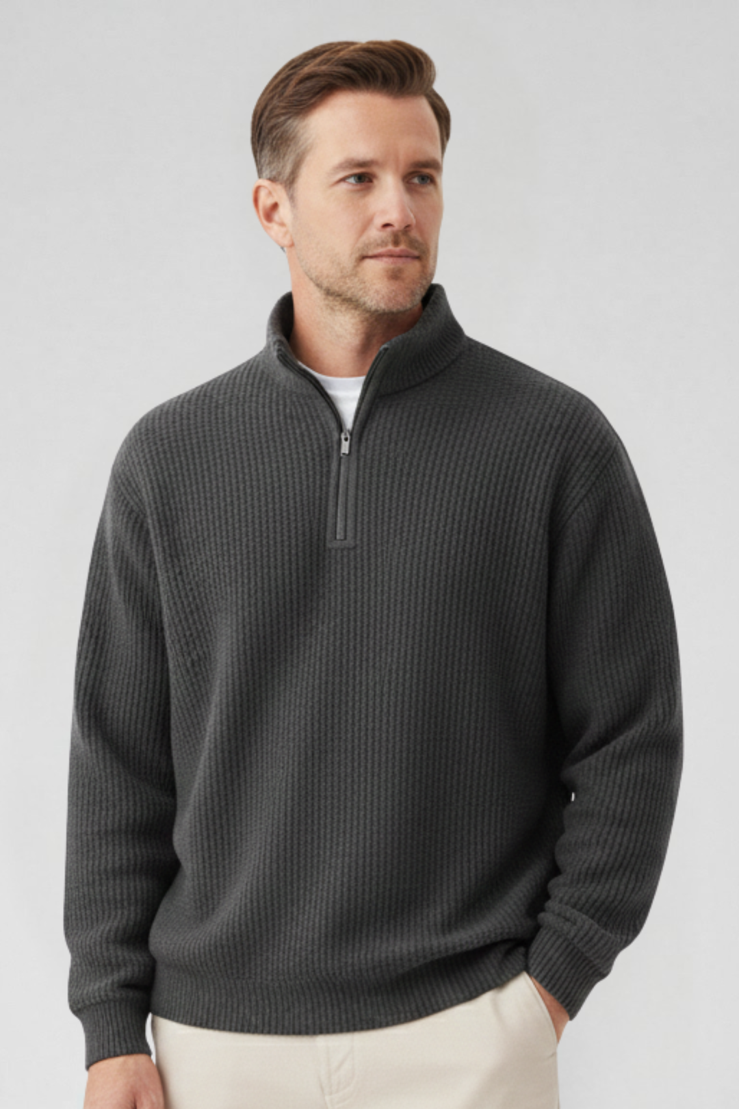 Men's autumn casual ribbed wool sweater with a zip-up collar