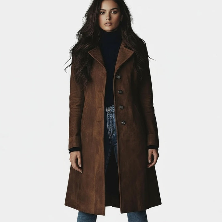 Manteau long femme en suédine, manteau élégant boutonné à col tailleur pour l'automne-hiver