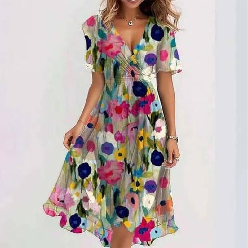 Katleen | Printed chiffon midi dress with V-neckline - Elegant feminine fashion
