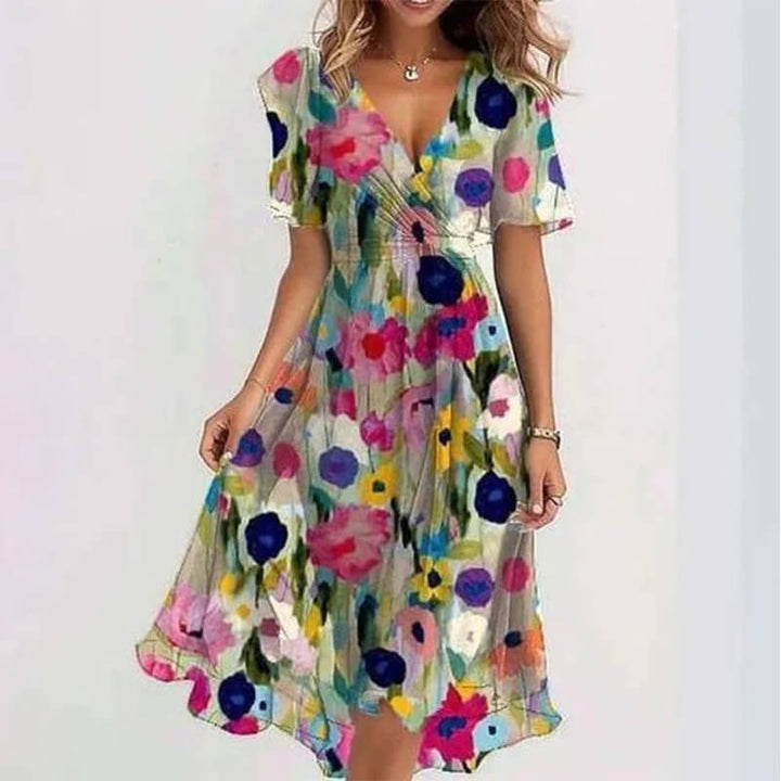 Katleen | Printed chiffon midi dress with V-neckline - Elegant feminine fashion