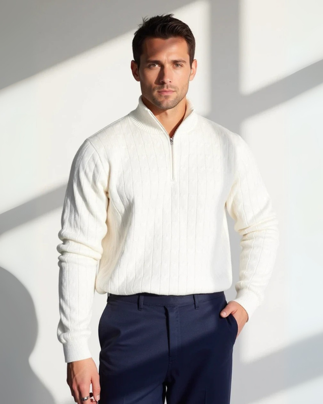 Pull en laine pour homme à col zippé, en maille torsadée, tricot d’automne