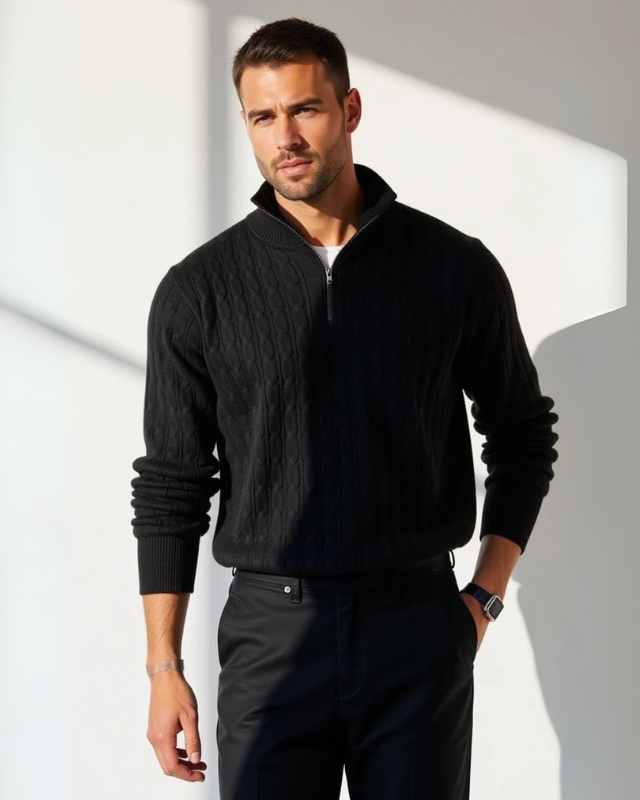 Pull homme en tricot à fermeture éclair, motif torsadé, automnal