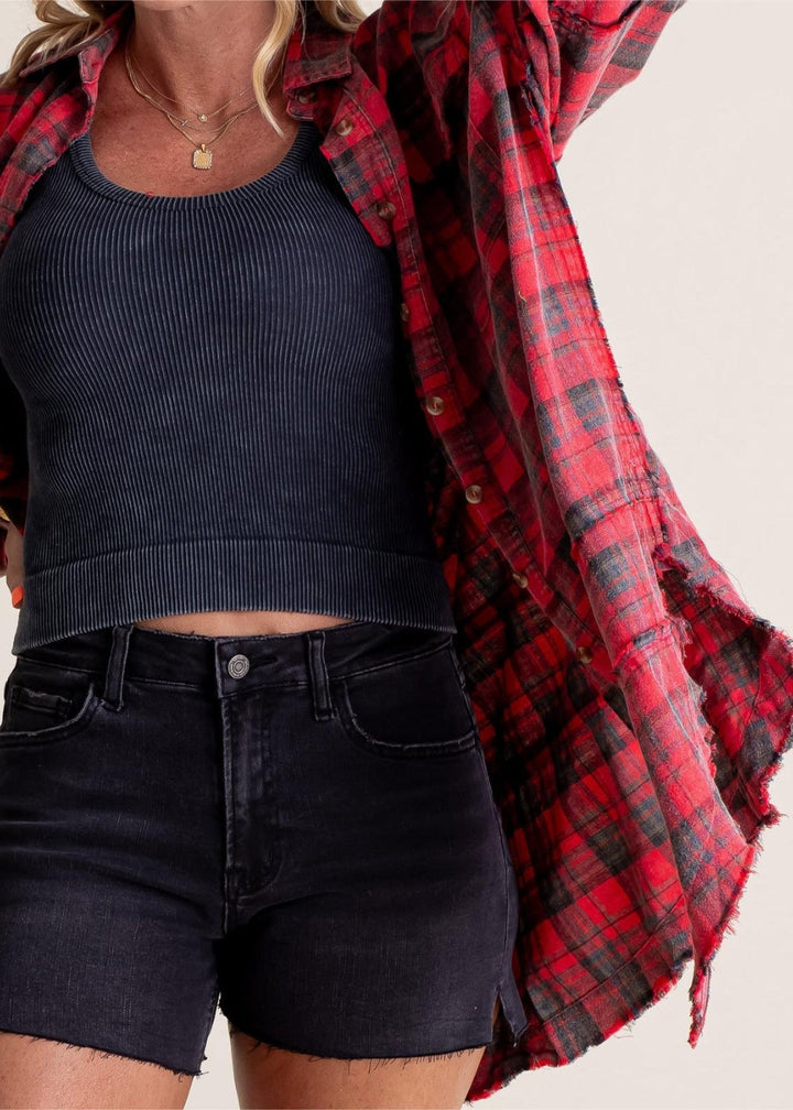 Blanka | Veste en flanelle rétro oversize au style élégant avec bords bruts et poches pratiques