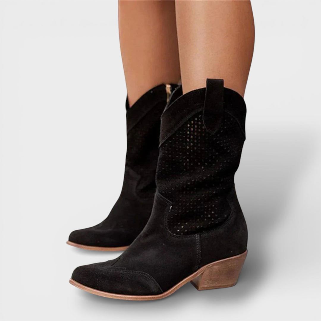 Bottes de cowgirl perforées à bout pointu pour l'automne, à talon bas