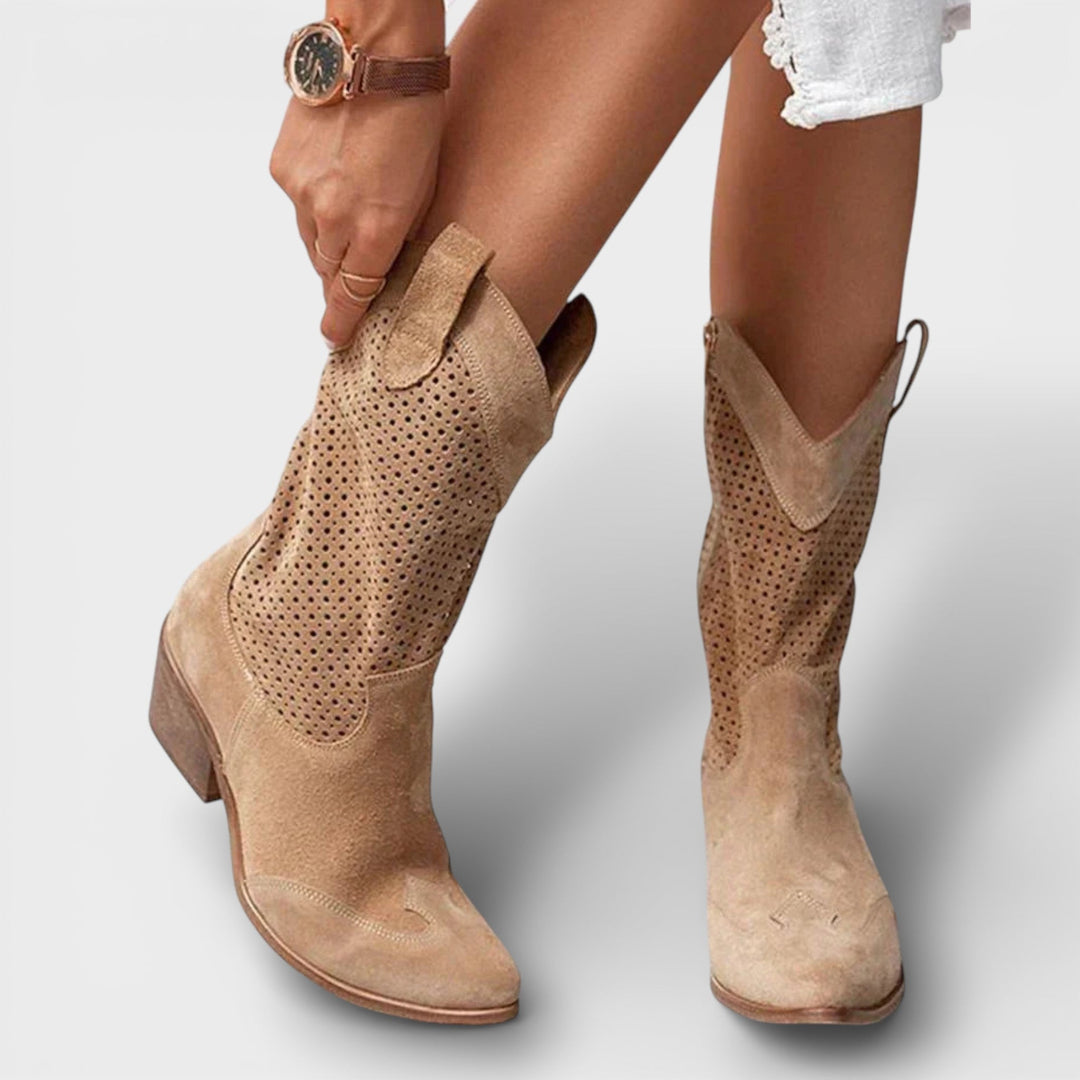 Bottes de cowgirl perforées à bout pointu pour l'automne, à talon bas