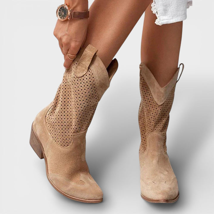 Bottes de cowgirl perforées à bout pointu pour l'automne, à talon bas