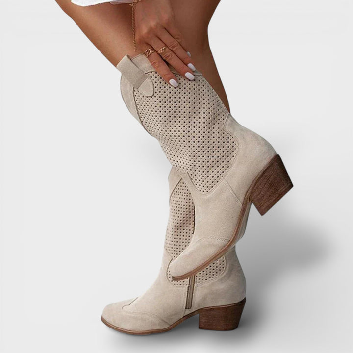 Bottes de cowgirl perforées à bout pointu pour l'automne, à talon bas