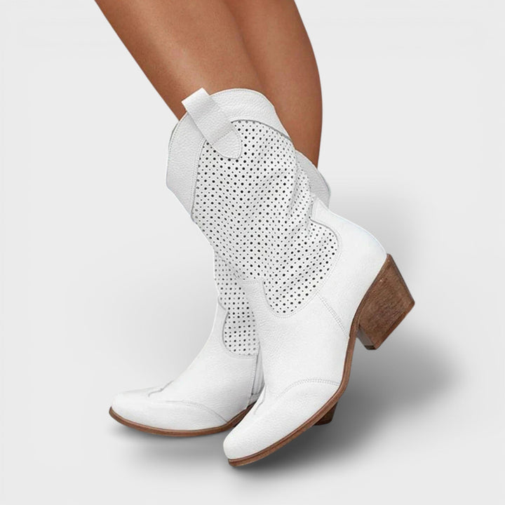 Bottes de cowgirl perforées à bout pointu pour l'automne, à talon bas