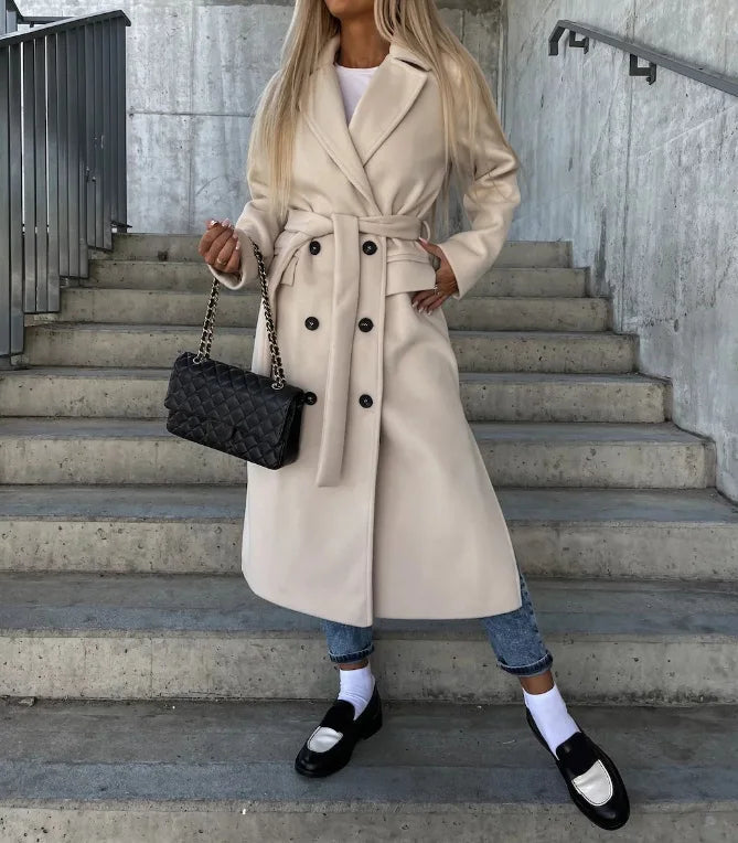 Manteau long femme en laine mélangée réversible ceinturé pour l’automne et l’hiver