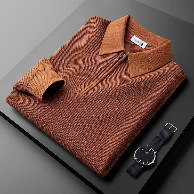 Sweat-shirt homme en coton à col zippé, maille gaufrée, automne