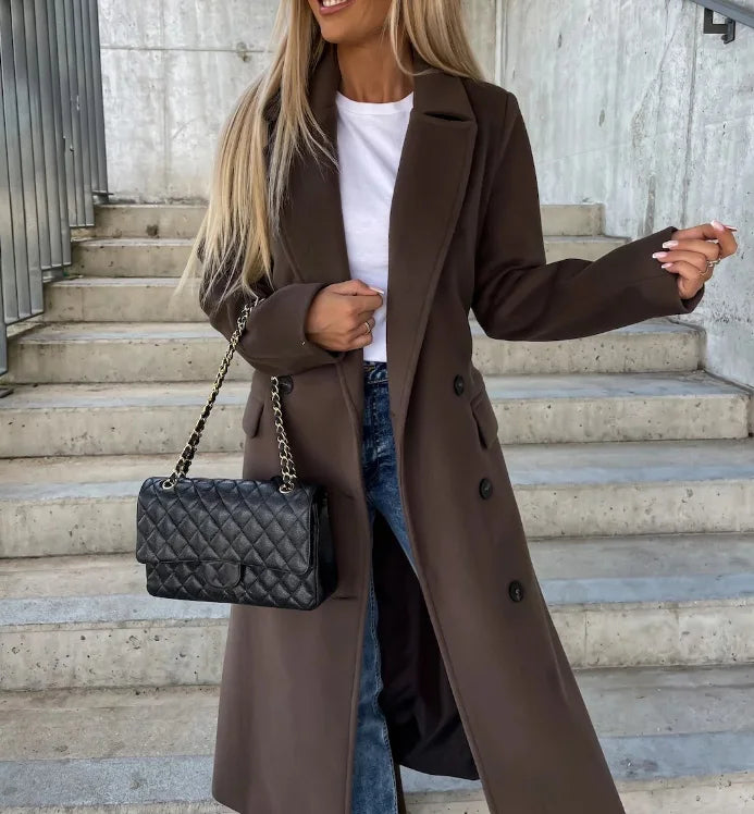 Manteau long femme en laine mélangée réversible ceinturé pour l’automne et l’hiver