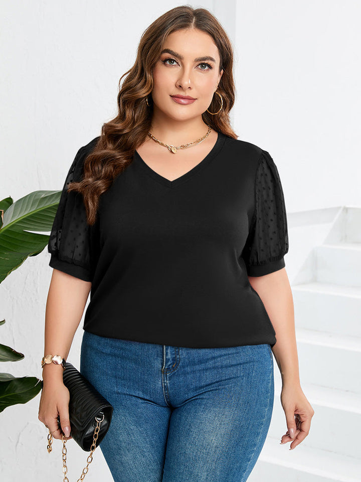Sivhild | Elegant V-Neck Top with Transparent Mesh Sleeves - Casual Short Sleeve Blouse for Women