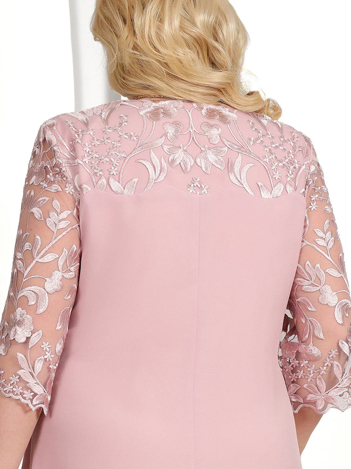 Talina | Élégante robe de chambre de soirée midi grande taille avec détails brodés et manches en tulle - Accent en dentelle florale