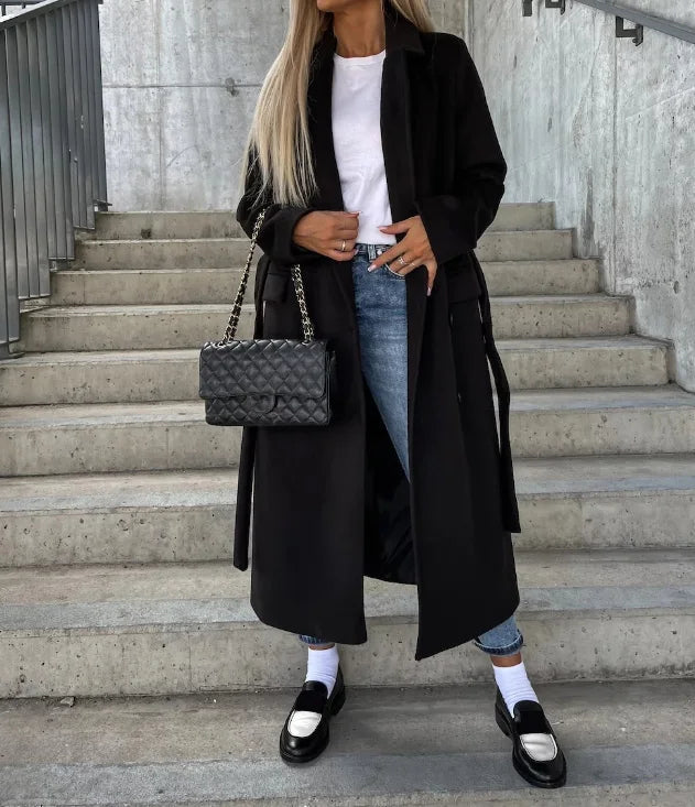 Manteau long femme en laine mélangée réversible ceinturé pour l’automne et l’hiver
