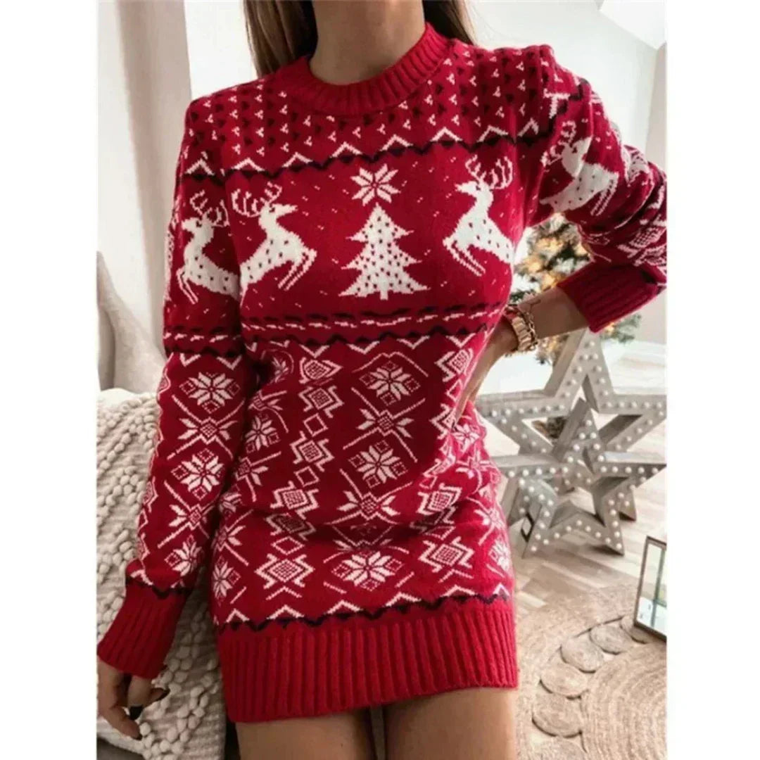Robe de Noël femme en tricot chaud à manches longues pour l’hiver et les fêtes