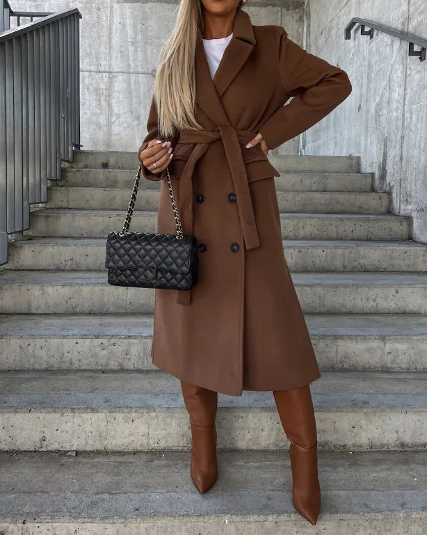 Manteau long femme en laine mélangée réversible ceinturé pour l’automne et l’hiver