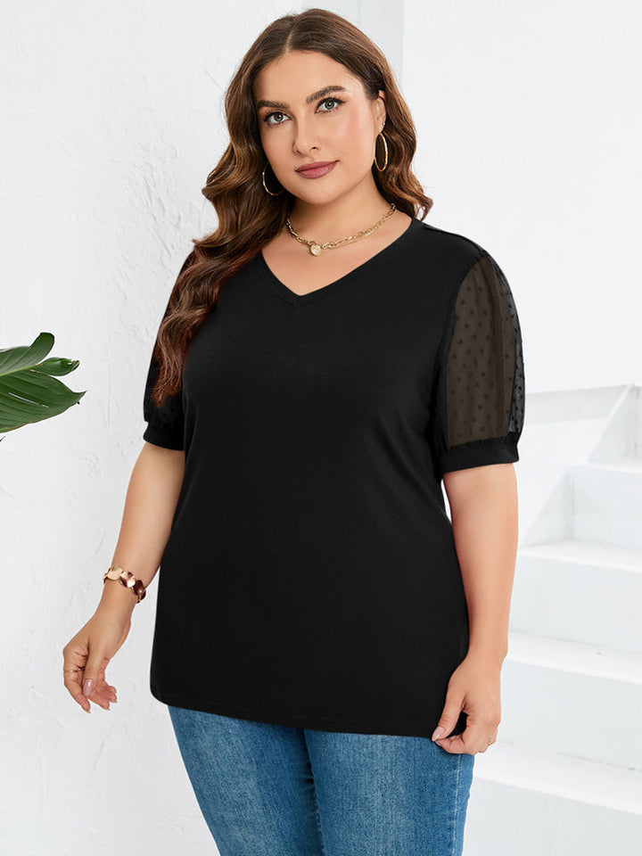 Sivhild | Elegant V-Neck Top with Transparent Mesh Sleeves - Casual Short Sleeve Blouse for Women