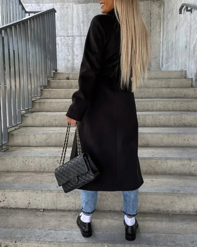 Manteau long femme en laine mélangée réversible ceinturé pour l’automne et l’hiver