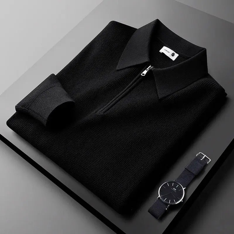 Sweat-shirt homme en coton à col zippé, maille gaufrée, automne