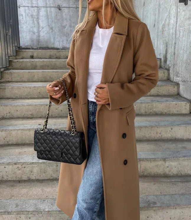 Manteau long femme en laine mélangée réversible ceinturé pour l’automne et l’hiver