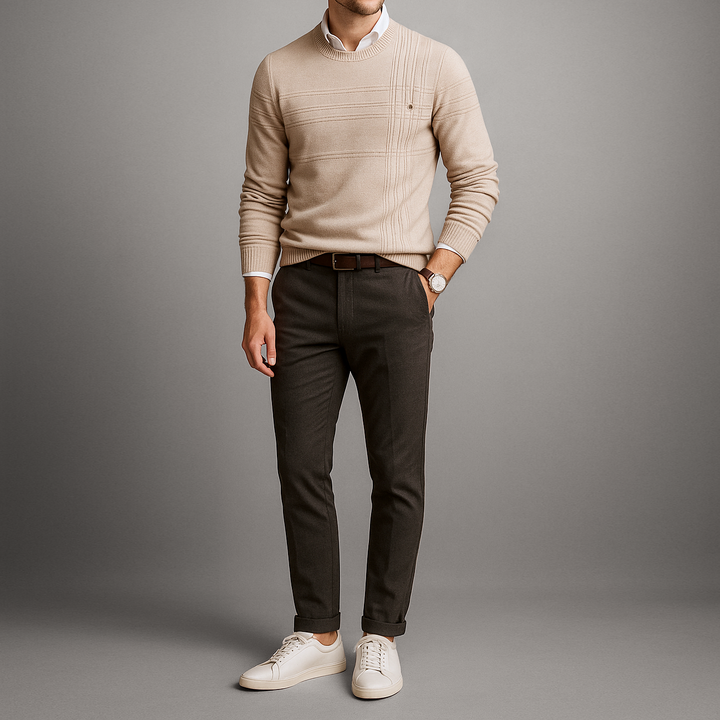 Pull en laine pour homme à col rond côtelé, style décontracté d’automne