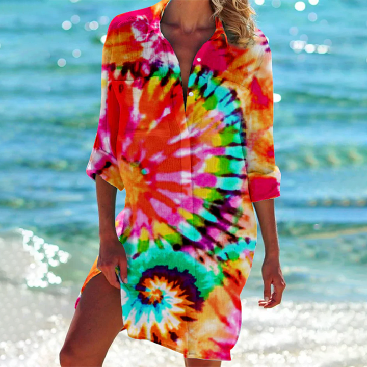 Savanna - Elegant summer blouse for women with trendy tie-dye and button closure.