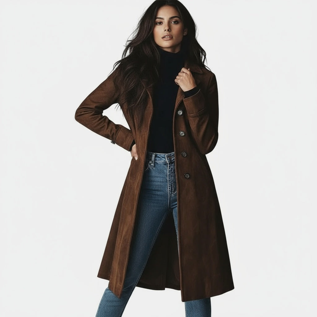 Manteau long femme en suédine, manteau élégant boutonné à col tailleur pour l'automne-hiver