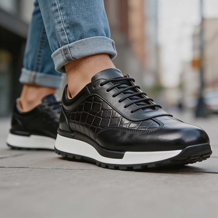 Baskets homme en cuir effet croco, sneakers à lacets élégantes et confortables pour l'automne