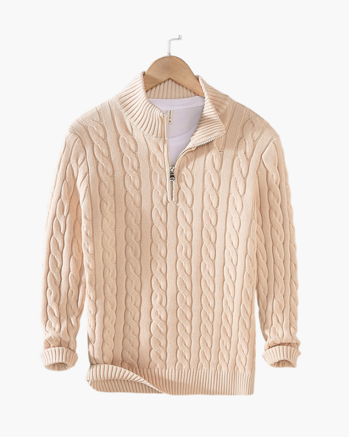 Pull homme en maille torsadée en coton, à col montant et fermeture éclair, pour l’automne