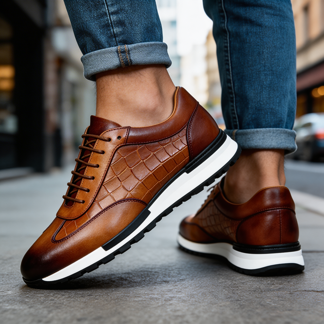 Baskets homme en cuir effet croco, sneakers à lacets élégantes et confortables pour l'automne