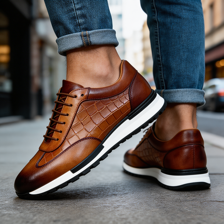 Baskets homme en cuir effet croco, sneakers à lacets élégantes et confortables pour l'automne