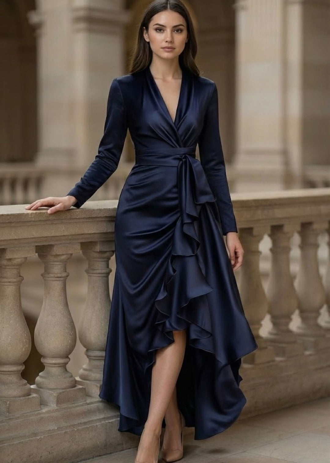 Women’s satin wrap dress with ruffles for autumn, long sleeves and a V-neck